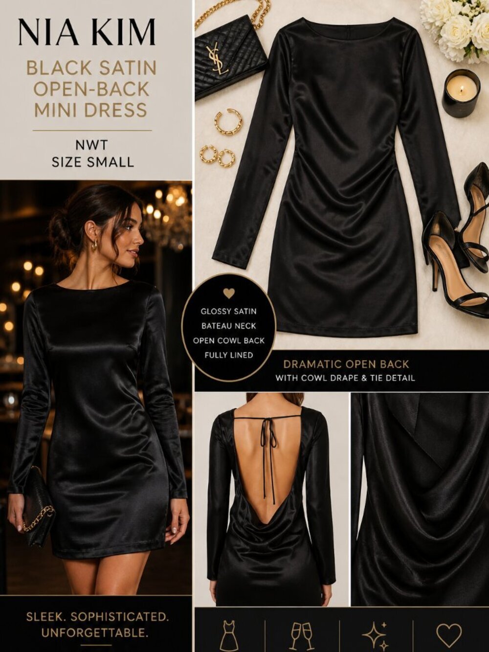 NIA KIM Open Back Satin Mini Dress Black NWT Cowl Back Party Cocktail Small